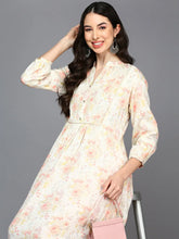Cotton Blend Off White Floral Printed Flared Kurta